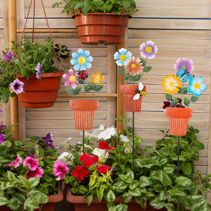 Qipade 3 Pcs Metal Flower Garden Stakes, 24" H Flower Pot Shape Decorative Garden Stakes, Metal Yard Art for Outdoor Spring Lawn Patio Pathway Decor