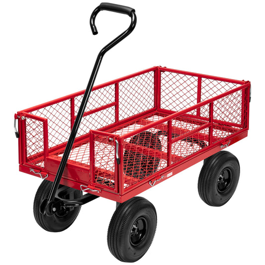 VIVOHOME Heavy Duty 880 Lbs Capacity Mesh Steel Garden Cart Folding Utility Wagon with Removable Sides and 4.10/3.50-4" Wheels 10 inch Tire(Red)