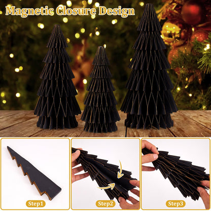 SUNBEAUTY 3PCS Black and Gold Honeycomb Paper Christmas Tree, 3D Christmas Tree Table Centerpiece with Magnetic Attachment,Christmas Winter Newyear Party Holiday Home Decor
