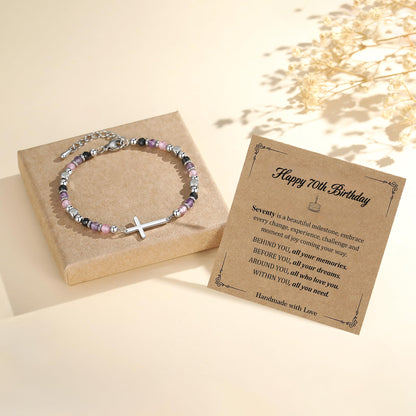70th Birthday Gifts for Women, 70th Birthday Decorations, Dainty Christian Cross Bracelet – Adjustable Anxiety Relief Friendship Jewelry for Friend, Sister, Mom