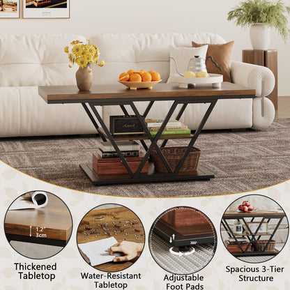 Espelism Coffee Table with Storage Industrial 3 Tier Center Living Room Table Farmhouse Wooden Rectangle Cocktail Rustic Tea Table for Office Bedroom(Brown)