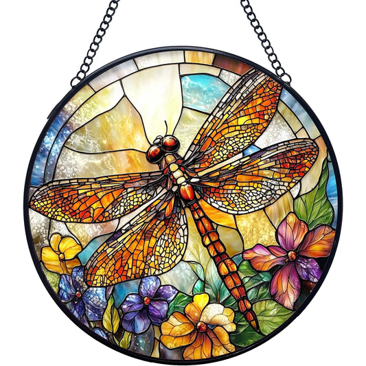 Yjeslw Dragonfly Flower Stained Glass Window Hanging Suncatchers, Dragonfly Sun Catchers Indoor Window Glass Wall Art Decor, Nature Insect Floral Wall Hanging Decorations Sculptures, 7.9x7.9in