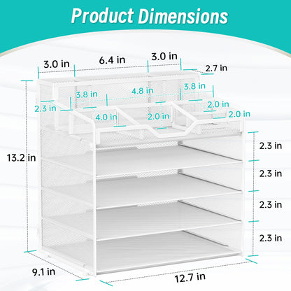 OrgMate 5 Tier Mesh Desk Organizer,Multi Functional Letter Paper Tray with 3 Pen Holders and 5 Adjustable Storage Compartments for Office Supplies Files and Mail Space Saving Desktop Organizer-White