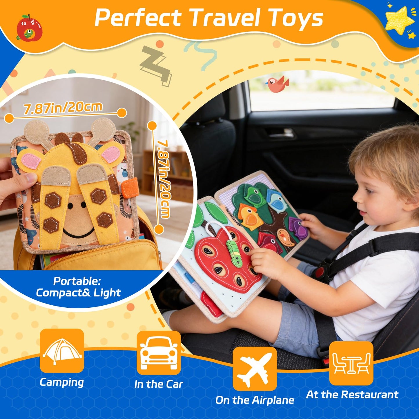 kabiuby Giraffe Busy Book for Toddlers 1-3, Montessori Toys Toddler Busy Board for 1 Year Old, Felt Quiet Book Sensory Learning Activity Books, Airplane Car Travel Toys, Gifts for Boys Girls 1+