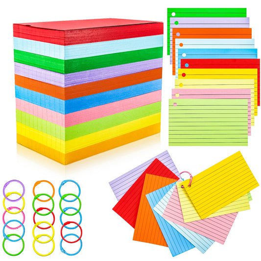 MotBach 600Pcs Colored Index Cards 3x5 Inch Flash Cards with Rings Lined Note Card Flashcards, Colorful Ruled Card Pad Index Note Books 3 x 5 Notecards for Studying School Supply College Office