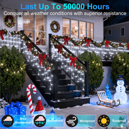 1332 LED 132FT Christmas Lights with 296 Drops, 12 Modes Dimmable Cool White Outdoor Hanging Lights with Timer Memory, Waterproof Curtain Lights for Home Bedroom Indoor Tree Window Roof Fence Wedding