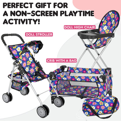 fash n kolor 3 Piece Baby Doll Play Set Flower Design Includes - Foldable Pack N Play, Baby Doll Stroller, Baby Doll High Chair, Fits Up to 18'' Dolls 3 Piece Doll Accessories Set, Best Gift for Girls