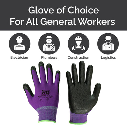 ADVANCED GLOVES – NiTex P-200 Nylon Nitrile Gloves, Breathable Nitrile Foam Coated Utility Gloves for Insulated Grip, Purple, 3-Pair, Medium