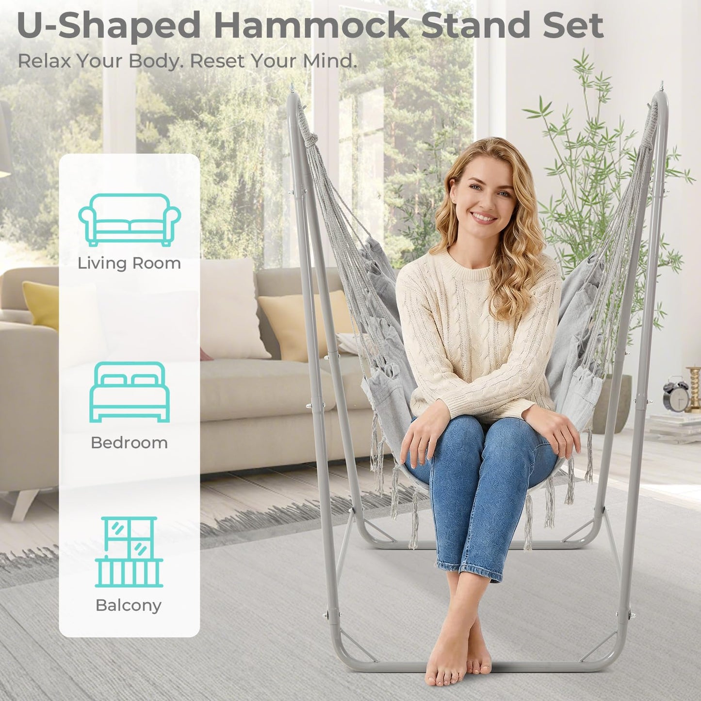 SELFLA U-Shaped Hammock Chair with Stand, Heavy-Duty Steel Hanging Chair with Stand for Indoor & Outdoor Use, Solid Support & Stable Base, 220 lbs Capacity, Easy Assembly - Grey