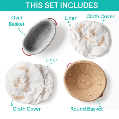 Baker's Secret Cotton Rope Banneton Bread Proofing Basket Set, Oval & Round Bread Baskets with Liners & Covers for Artisan Bread Baking, Sourdough Bread Baking Supplies