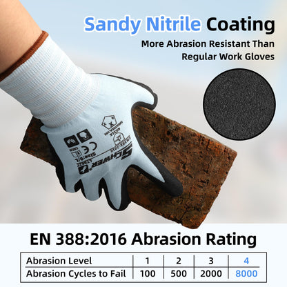 Schwer 6 Pairs Safety Work Gloves with Sandy Nitrile Coating, Extreme Fiber-Abrasion Resistance(Level 6-Certified) Heavy Duty Working Glove with Grip for Men Women, A2 Cut Glove, for Construction, M