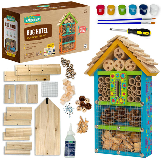 SparkJump Premium Bug Hotel Kit for Kids – Easy Wood Craft Kits for Children, Lady Bug House for Garden with Tools, Paints & Glue, Fun Birthday Gifts for Girls and Boys