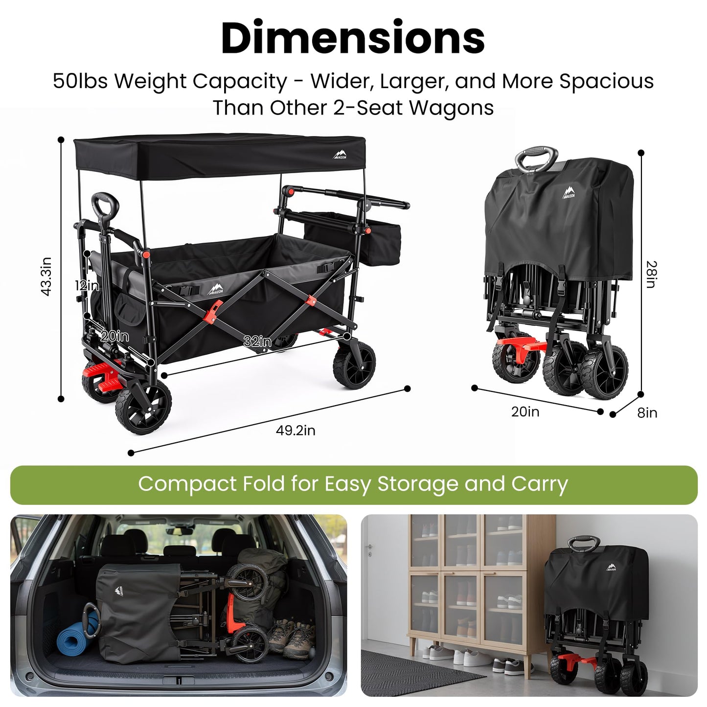 Foldable Wagons with Removable Canopy, Seat Belts, Reversible Handlebar, Removable Canopy, 220lbs Weight Capacity, Folding Wagon for Ages 1+ Years Suitable for Family Travel, Cargo,Gift