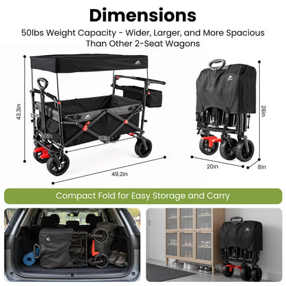 Foldable Wagons with Removable Canopy, Seat Belts, Reversible Handlebar, Removable Canopy, 220lbs Weight Capacity, Folding Wagon for Ages 1+ Years Suitable for Family Travel, Cargo,Gift