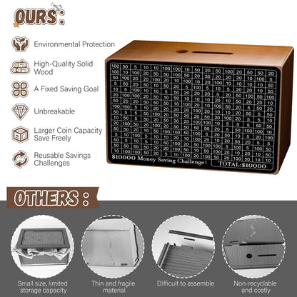 Wooden Money Saving Box, Cash Vault Savings Box for $10000 $5000 $3000 $1000 $800 $500 Target Money Saving Challenge, Reusable Money Box with Counter, Dry Erase Pen/Savings Trackers/Rubber Band-Brown