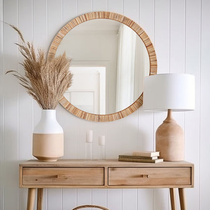 Barnyard Designs Round Rattan Wall Mirror, Natural Tan Woven Rattan Frame, Indoor Decorative Mirror for Bedroom Living Room Entryway (25.5", Round)