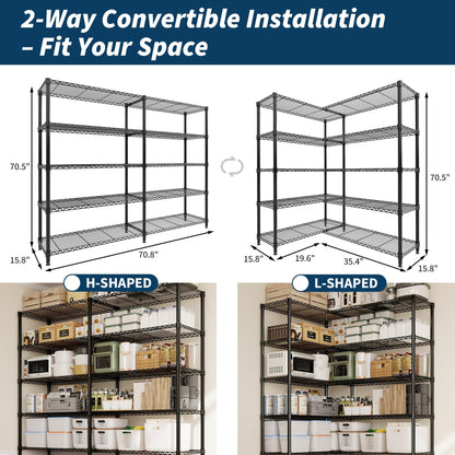 5-Tier Metal Storage Shelves, Adjustable Wire Shelving Unit for Garage, Pantry, Basement & Kitchen, Heavy-Duty Shelf Organizer with Double-Row Design, 70.8" w x 15.8" d x 70.5" h, 265 Lbs Per Tier