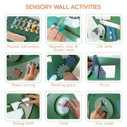 Dinosaur Activity Wall Busy Board - Wooden Sensory Wall Panel for Kids & Toddler Wall Activity - Interactive Montessori Wall Activity Board for Boys & Girls - Perfect for Playroom Daycare Waiting Room