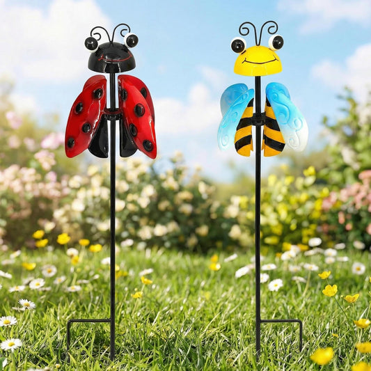 Vinsees 2pcs 18 Inch Metal Bee & Ladybug 3D Wind Sculpture for Outside, Decorative Garden Stakes & Wind Spinner for Outdoor，Colorful Yard Art Garden Decorations for Lawn Porch Pathway Patio