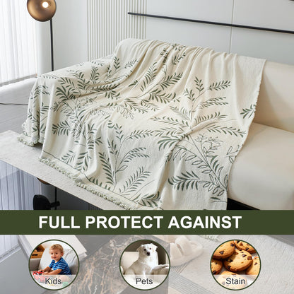 VOGOL Anti-Scratch Chenille Couch Cover, Sage Green Leaf Pattern Sofa Protector, 70x134 Durable Woven Throw for 3 Cushion Couch, Modern Living Room Decor, 1 Pack