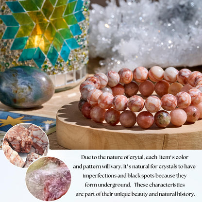Bivei Natural Gemstone Semi Precious Healing Crystals Handmade Stretchy Round Beads Bracelet,Stocking Stuffers for Women(Red Vein Jasper & Plum Blossom Jade (Good Luck & Opportunities) Large)