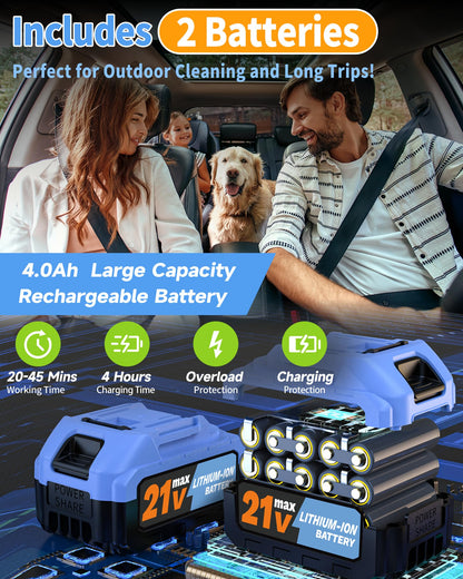 MUPEAK Brushless Cordless Washer, 1500PSl-Cordless Washer with 2 Batteries, 6-in-1 Nozzle/3-Modes Adjustable, 21V 4.0Ah Portable Washers Battery Operated for Car Home, Blue