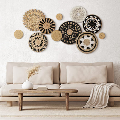 Tatuo 11 Pcs Boho Wall Basket Decor Bulrush Woven Wall Hanging Art Round Farmhouse Rustic Handmade Wicker for Summer Home, Bedroom, Living Room, Kitchen Decorations, Multi Sizes(Boho)