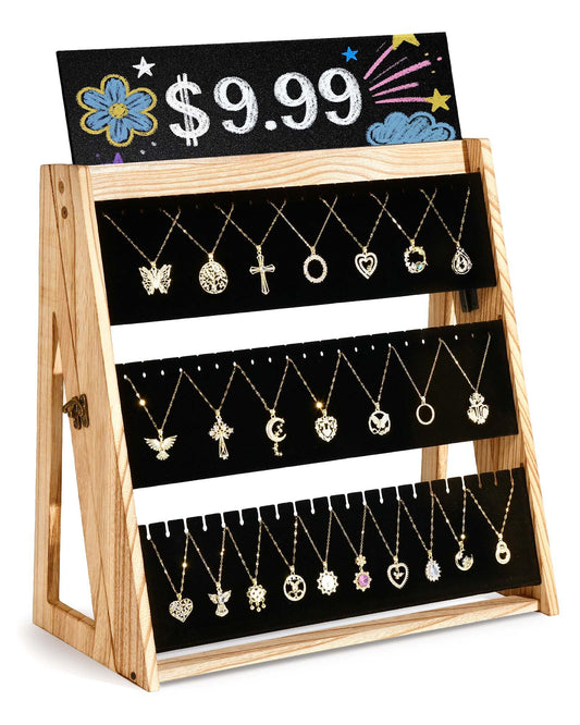 Bulado Necklace Display for Vendors, Foldable Necklace Holder with 66 Slots, 3 Tier Jewelry Display for Selling, Wood Jewelry Storage Organizer Stand with Black Velvet for Craft Show