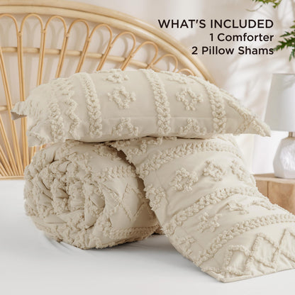 Bedsure Tufted Boho Comforter Set Queen Size - Beige Boho Bed Set, GentleSoft™ 3 Pieces Farmhouse-Style Embroidery Bedding, Gifts for Woman, Soft Jacquard Queen Comforter for All Seasons
