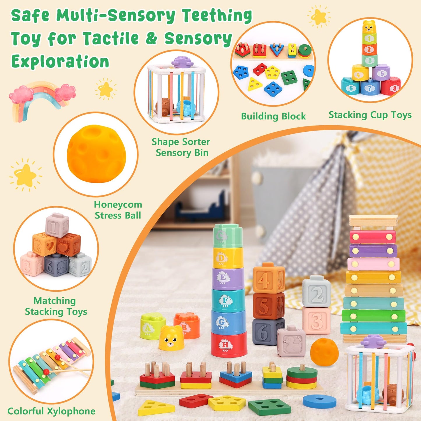 FlufiFiea 6 in 1 Montessori Baby Toys 6-12-18 Months Infant Sensory Developmental Toys Set, Toddler Gift Early Learning Baby Toys for 1 Year Old Boys Girls