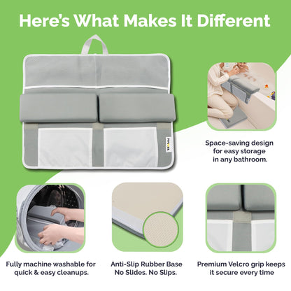 Wobbi Baby Bath Kneeler and Elbow Rest Pad Set - 1.5" Thick Memory Foam Knee Pad for Bathing Babies - 6 Suction Cups Non Slip Bath Kneeling pad with Toy Storage - Foldable & Quick Drying-Grey