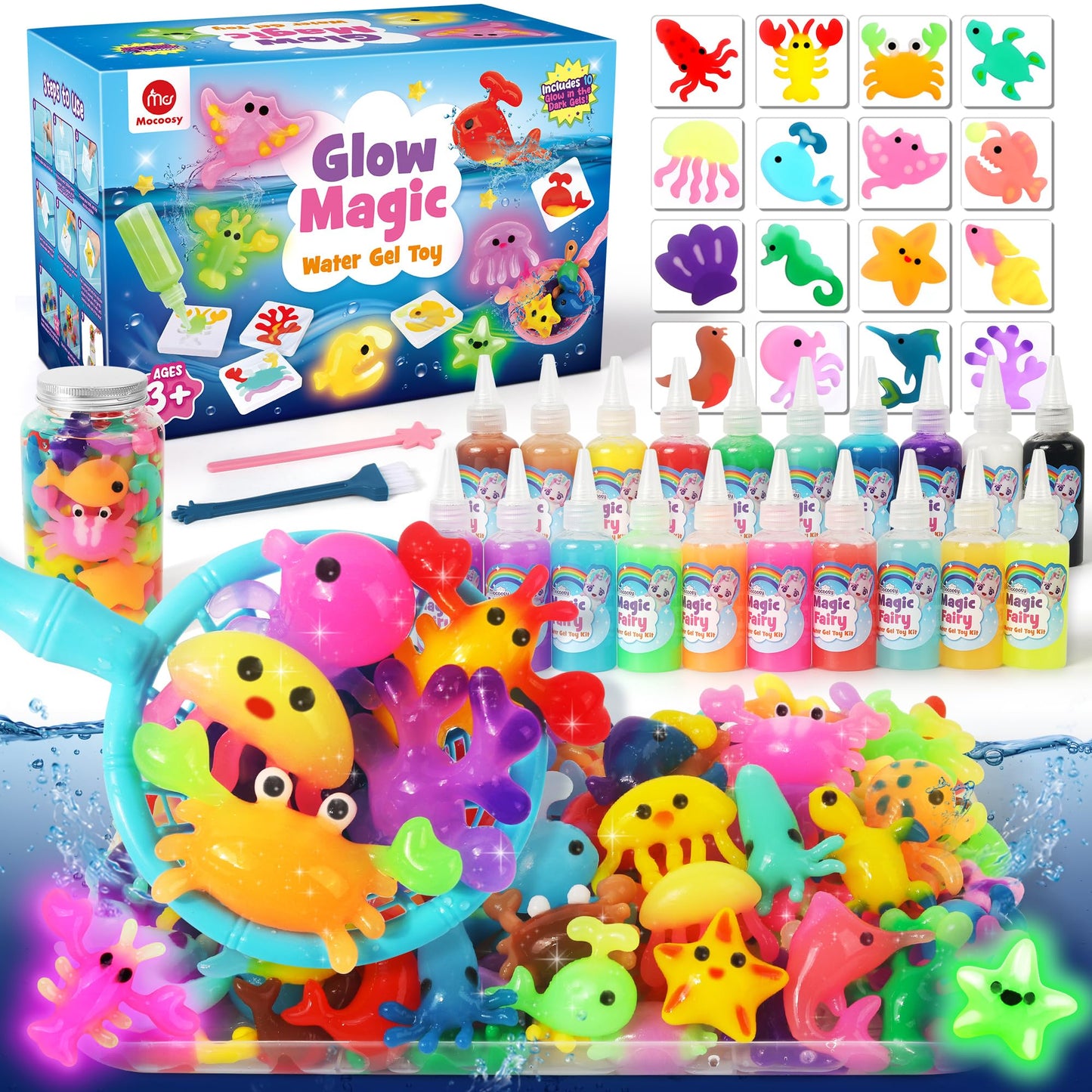 Mocoosy Magic Water Elf Toy Kit for Kids, Glow in the Dark Aqua Fairy Water Gel Kit with 20 Gel & 16 Molds, Make Your Own Squishies, Squishy Maker Set Water Pets DIY STEM Craft Kit Gift for Boys Girls