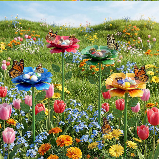 4 Pack Bee Watering Station, Butterfly Feeder, Bee Baths with 50 Glass Marbles, Bee Cups Water for Bees Garden, Outdoor Colorful Flower Design (Red,Green,Blue,Yellow)