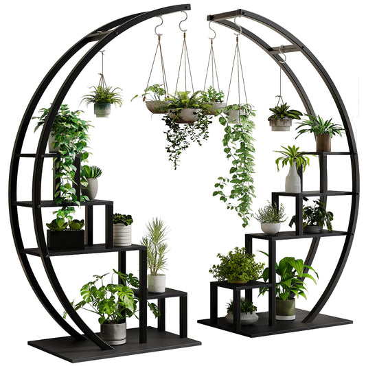GarveeHome Plant Stand Indoor 5 Tier Tall, 2 Pack Metal Half Moon Plant Shelf for Multiple Plants, Space-Saving Corner Plant Rack, Tiered Flower Stand for Living Room Balcony Bedroom Room Decor,Black