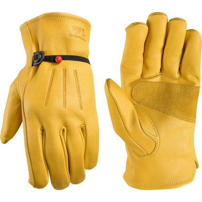 Wells Lamont Leather Work Gloves for Men – Heavy Duty, Cowhide, Abrasion & Puncture Resistant – Adjustable Wrist, Gunn Cut Design, Ideal for Ranching, Farming, Construction - Saddletan - S