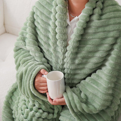 Linecooo Sage Green Fleece Throw Blanket 50”×60” for Couch Sofa Bed,Super Soft Cozy Plush Microfiber Flannel Blanket with Stripes Design Lightweight for Adults,Woman,Girls