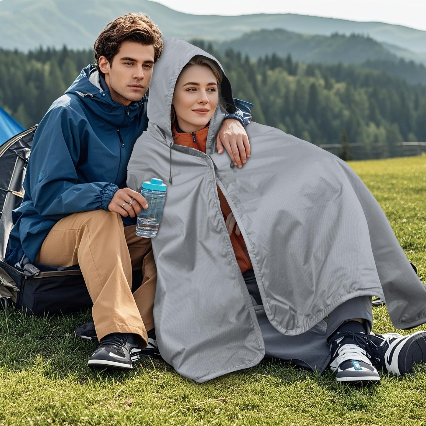 KawaGebo Kamp Fleece Waterproof Outdoor Blanket - Windproof Stadium Blanket for Camping, Picnics, and Sports Stay Dry and Comfortable 80"x 58"(Hoodeed, Gray)