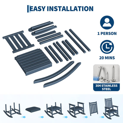 Garvee HDPE Rocking Chair Outdoor Set of 4 with 2 Side Table - Poly High Back Porch Rocker Chairs for Adults - All Weather Resistant Furniture for Patio Front Porch - Navy Blue