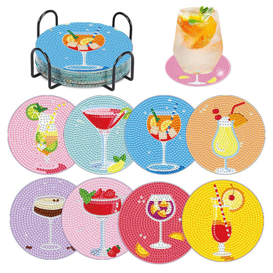 8 PCS Cocktail Diamond Art Coasters Kits, Diamond Painting Coasters with Holder Set of 8, DIY Drink Coasters Art Crafts Supplies for Adults Cup Mat for Home Decor House Warming Gifts Non-Slip 3.9inch