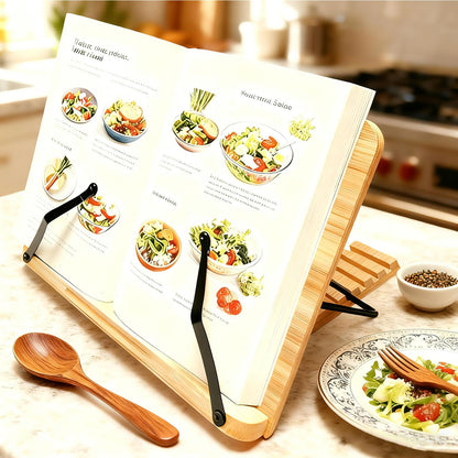 Cookbook Stand for Kitchen Counter, 5-Level Adjustable Elegant Bamboo Recipe Book Holder, All-in-One Design Locks Flat for Easy Storage, Holds 1 inch Thick Books for Cooking, Working, and Studying