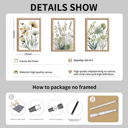 tgguytiy Sage Green Botanical Posters Set of 3 – Boho Floral Wall Art Prints, Minimalist Flower Artwork for Bedroom, Bathroom, Living Room, Aesthetic Plant Pictures Home Decor 24x16 Inch Unframed