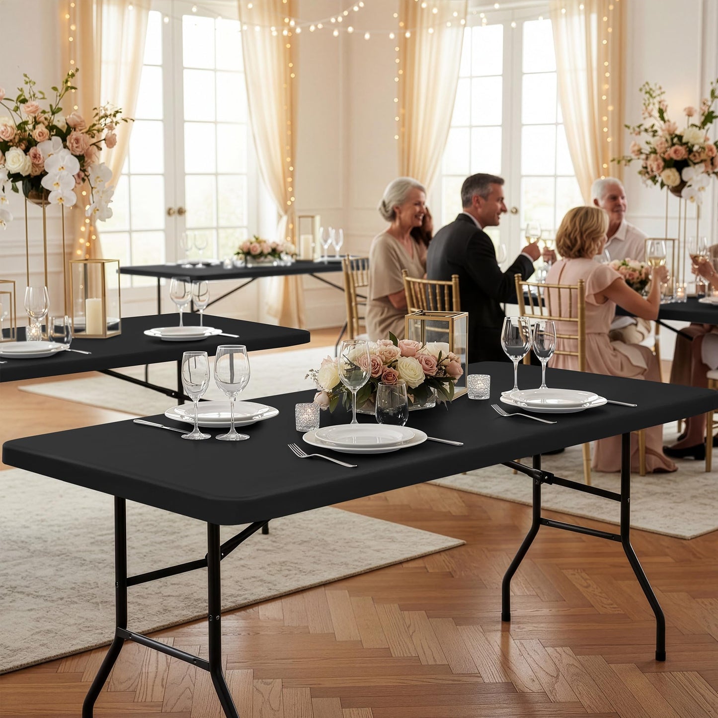 RichSets 6ft Fitted Tablecloth Rectangle - 6 Pack Polyester Table Covers with Elastic, Washable Folding Table Protector for Party Banquet Graduation, 30x72 Inch, Black