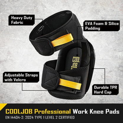 COOLJOB Professional Knee Pads with Heavy Duty Anti-Slip Cap, Comfortable Foam Cushion and Extra Thick Gel Padding for Construction Flooring, Reinforced & Adjustable Straps, Black