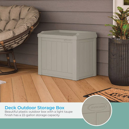 Suncast Outdoor Storage Box - 22 Gallon Light Taupe Resin Outdoor Deck Box with Seat, Weatherproof Patio Storage Bin Container for Keeping Cushions, Tools & Towels for Pool, Yard, & Garden