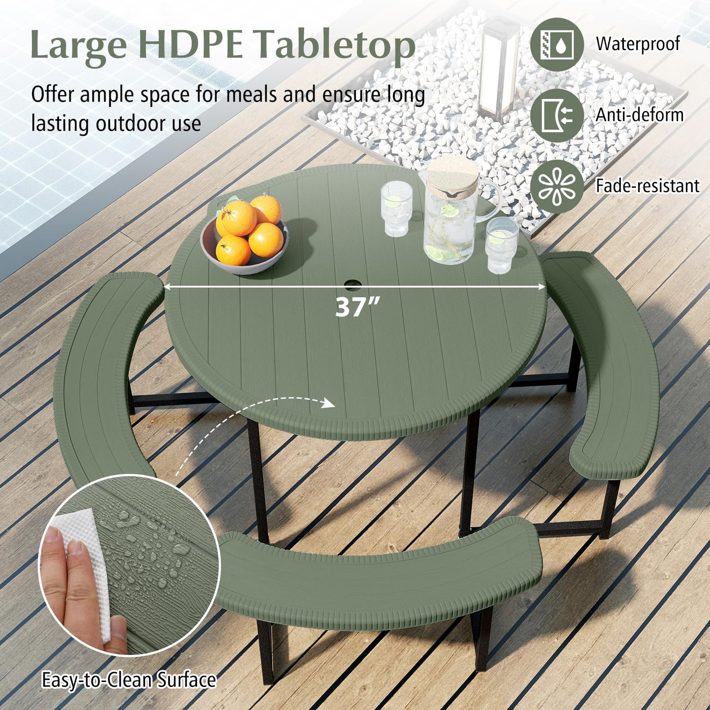 Giantex Picnic Table Bench Set for 4-8 Person, Round 37” Outdoor Dining Table w/Umbrella Hole, HDPE Tabletop, Metal Frame, Patio Furniture Set for Backyard Porch Lawn, 1400lb Capacity (Green,Round)
