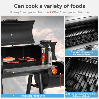 GREEN PARTY Offset Smoker Charcoal Grills with 28 Inch Cook Chamber, Barrel Smoker and Charcoal Grill Combo, 512 Sq. In. Space Barrel Smoker Grill for Outdoor BBQ Patio Backyard Cooking