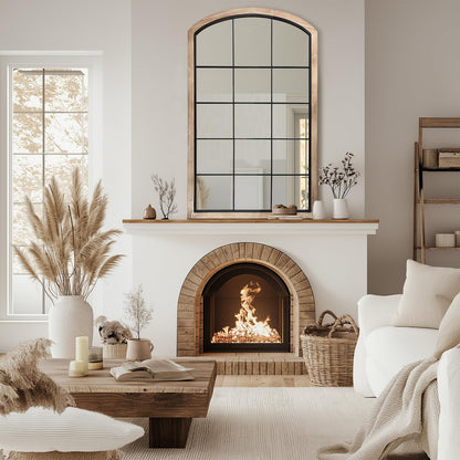 IPOUF Arch Window Mirror, 30X48 Farmhouse Arch Wall Mirror, Wood Framed Rustic Mirror Metal Inner Frame Decorative for Entryway & Living Room,Natural