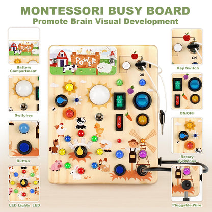 Busy Board for Toddlers 1-3 - Montessori Educational Sensory Toy with 10 Switches & 19 Lights, Activity Board for Fine Motor Skills, Travel Toys for 1+ Year Old Boy & Girl Birthday Gift（Farm Theme）