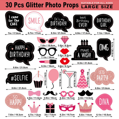 Birthday Photo Booth Props Kit - Happy Birthday Party Favors Supplies Bday Party Decoration Set with Real Glitter Cute Bday Designs for Women - Easy to Assemble 30 Pieces (Rose Gold)