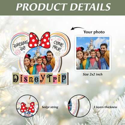 Family Vacation Trip Wooden Photo Ornament – Ears with Bow Design, “Dreams Do Come True” Family Vacation Magic Kingdom Keepsake, Rustic Holiday Decoration with Photo Frame